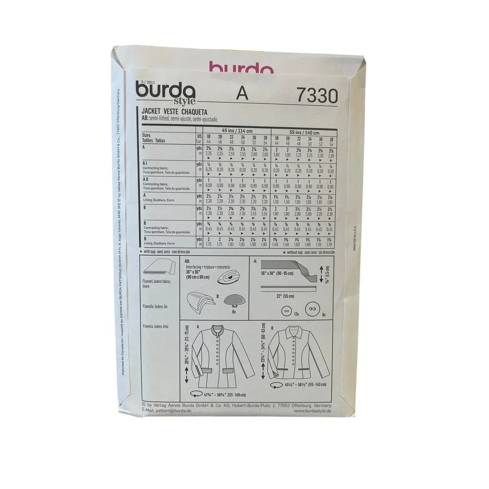 Burda Style 7330 Jacket Sewing Pattern Sizes 18-28 Semi-Fitted‎